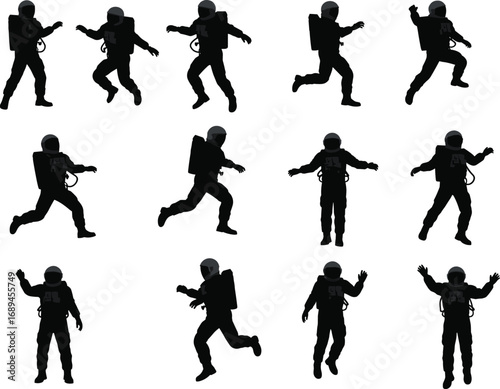 Astronaut silhouette vector set, space explorer poses, cosmic figure illustrations, black space suit icons, astronaut walking and floating design