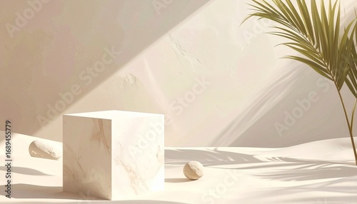Create a minimalist scene that blends geometric elegance with natural textures and soft light in a serene desert-inspired setting.