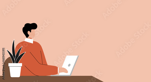 Man working diligently on a laptop at a modern desk with a plant. Ideal for themes of remote work, productivity, freelance, or online education.
