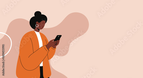 A modern Black woman uses her smartphone, engaging with digital content on a contemporary abstract background. Ideal for technology, communication, or lifestyle concepts.