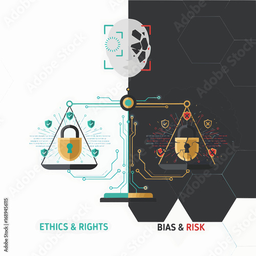 AI Ethics and Digital Rights Concept, data protection and fairness in technology, vector, illustration, modern digital artwork