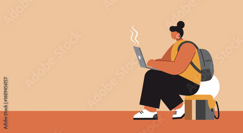 Focused individual working on a laptop with a backpack, symbolizing remote productivity, online learning, and the digital nomad lifestyle.