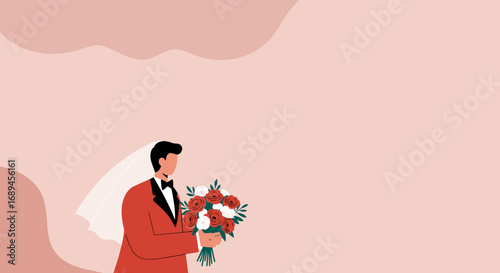 Modern groom in a red suit with a veil holds a beautiful bouquet, celebrating love and weddings with a contemporary twist.
