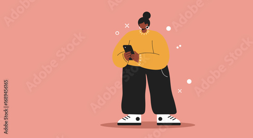 Stylish woman engages with her smartphone on a vibrant background. Represents digital communication, social media, and technology in everyday life.