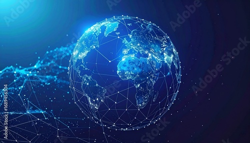 Create a futuristic Earth-from-space visualization that highlights global connectivity, digital networks, and technological advancement.
