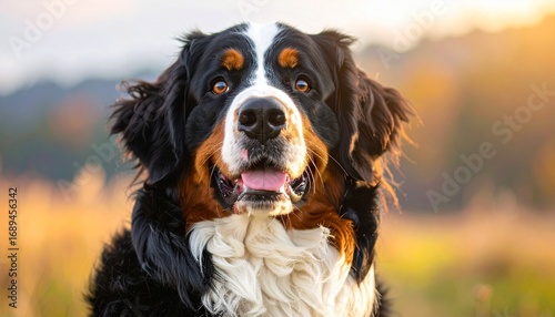 Create a warm outdoor portrait of a Bernese Mountain Dog that highlights its expressive face, tri-colored fur, and the golden glow of autumn light.