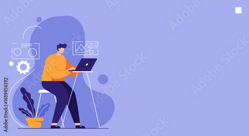A person working diligently on a laptop in a modern flat design illustration, ideal for concepts of remote work, online education, or digital business productivity.