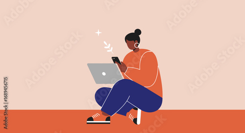 Focused woman working remotely on a laptop and smartphone. Represents modern freelance, online education, and flexible digital lifestyle.