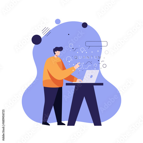 Man exploring quantum computing concepts on his laptop, representing advanced research, innovation, and futuristic technology in science and business.