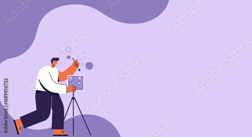 Smiling man using a digital stylus to design a circuit board, representing innovation, engineering, and technological development in a creative work environment.