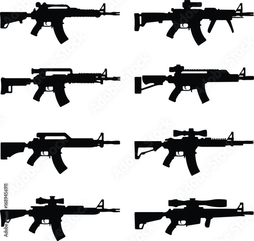 Assault Rifle Silhouette Icon Vector Design Military Weapon Gun Silhouette Symbol Set