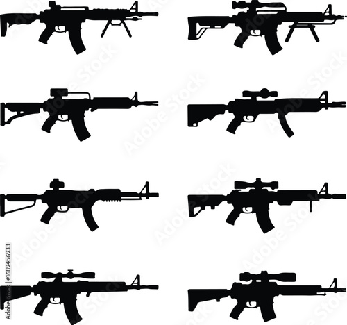 Assault Rifle Silhouette Icon Vector Design Military Weapon Gun Silhouette Symbol Set