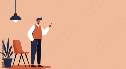 Professional man in a modern office space, holding a pointer, ready to present or explain. Ideal for business, education, and communication concepts.