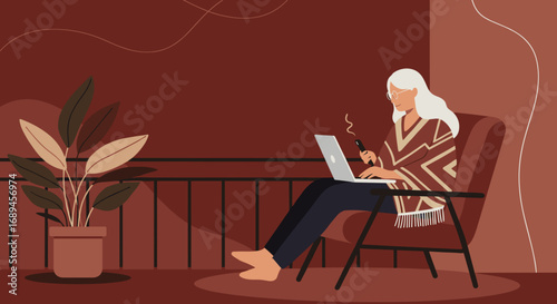 Mature woman working or relaxing on a laptop on her balcony, enjoying a modern digital lifestyle. Perfect for remote work and freelancing concepts.