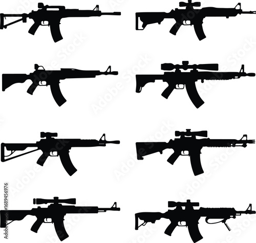 Assault Rifle Silhouette Icon Vector Design Military Weapon Gun Silhouette Symbol Set