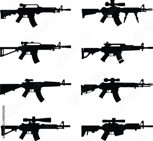Assault Rifle Silhouette Icon Vector Design Military Weapon Gun Silhouette Symbol Set