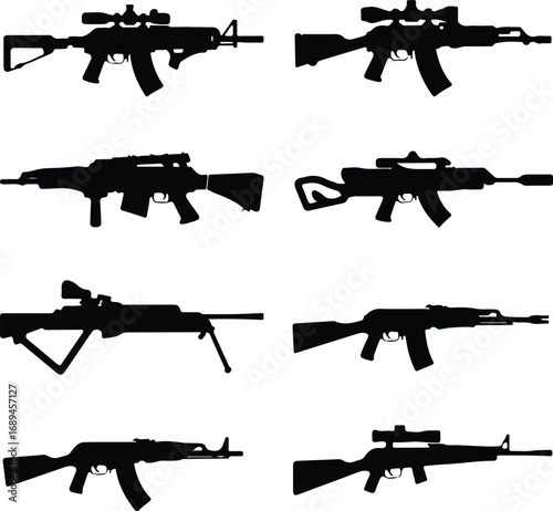 Assault Rifle Silhouette Icon Vector Design Military Weapon Gun Silhouette Symbol Set