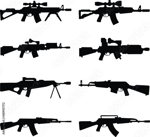 Assault Rifle Silhouette Icon Vector Design Military Weapon Gun Silhouette Symbol Set