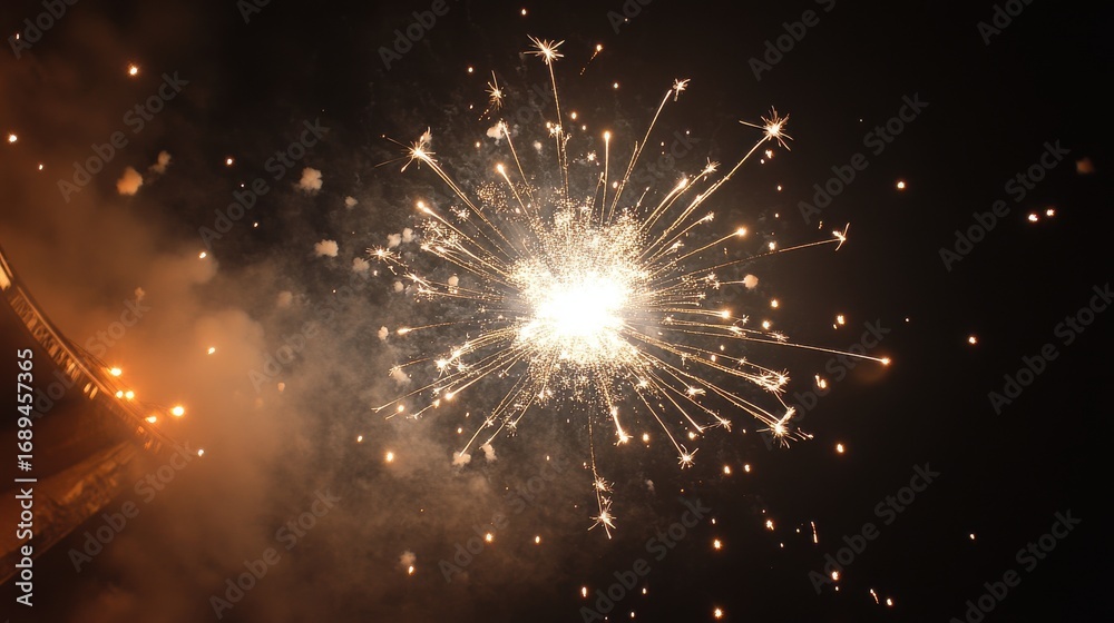 Fototapeta premium A bright firework bursts with golden sparks and smoke, illuminating the dark night sky during a festive celebration