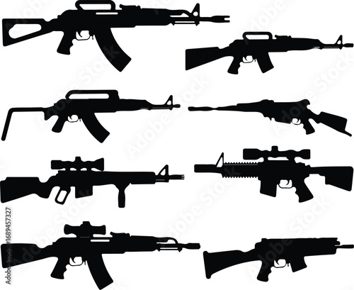 Assault Rifle Silhouette Icon Vector Design Military Weapon Gun Silhouette Symbol Set