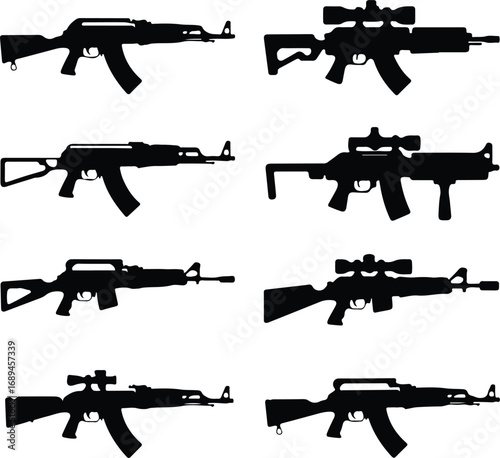 Assault Rifle Silhouette Icon Vector Design Military Weapon Gun Silhouette Symbol Set