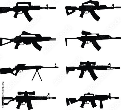 Assault Rifle Silhouette Icon Vector Design Military Weapon Gun Silhouette Symbol Set