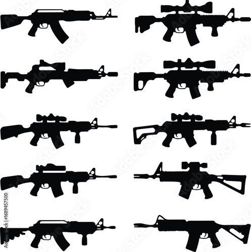 Assault Rifle Silhouette Icon Vector Design Military Weapon Gun Silhouette Symbol Set