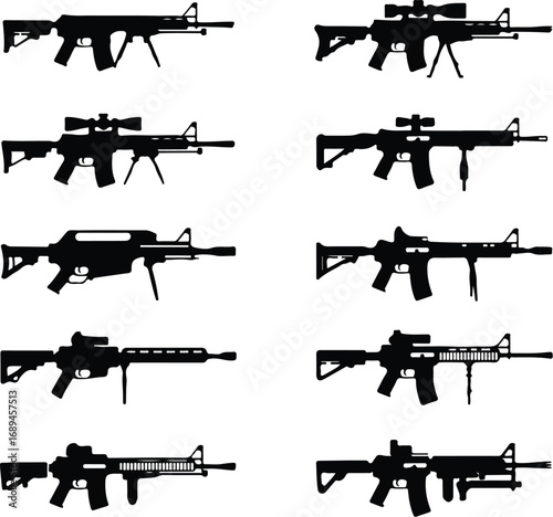 Assault Rifle Silhouette Icon Vector Design Military Weapon Gun Silhouette Symbol Set