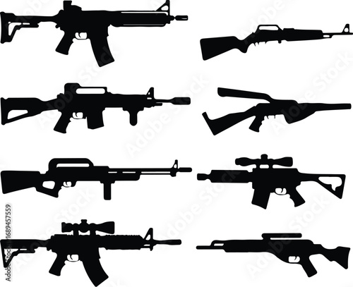 Assault Rifle Silhouette Icon Vector Design Military Weapon Gun Silhouette Symbol Set