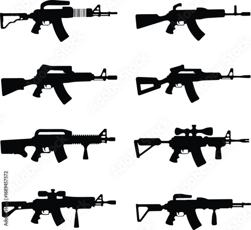 Assault Rifle Silhouette Icon Vector Design Military Weapon Gun Silhouette Symbol Set