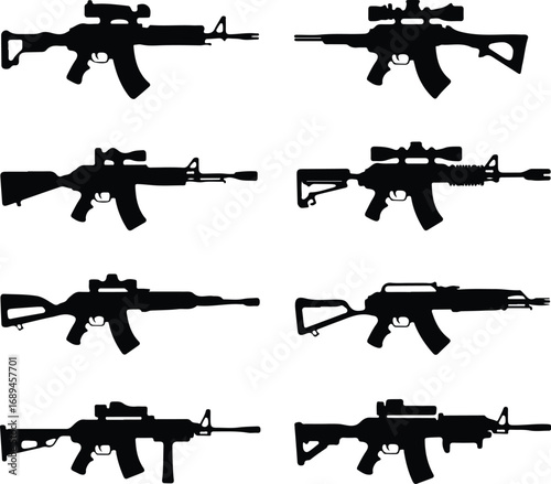 Assault Rifle Silhouette Icon Vector Design Military Weapon Gun Silhouette Symbol Set