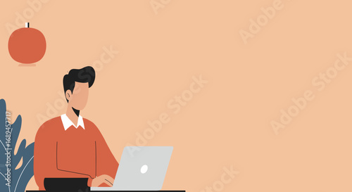 Young man focused on work or study using a laptop in a cozy, minimalist home or office setup. Ideal for remote work, digital lifestyle, and online education.