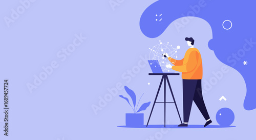 Man working on a laptop, interacting with a global network visualization. Represents technology, data analysis, and business connection for IT concepts.