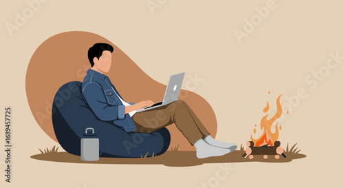 Man working on laptop by campfire in a relaxed outdoor setting. Illustrates remote work, digital nomad lifestyle, and work-life balance.