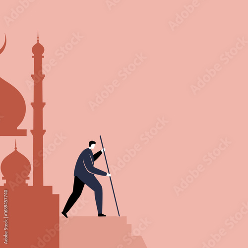 Man ascending steps towards a mosque silhouette, representing spiritual journey, faith, devotion, and progress. Concepts of aspiration and personal growth.