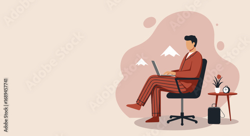 Man working comfortably on laptop from a remote location or home office, symbolizing flexible work, digital nomad lifestyle, and productivity.