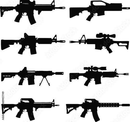 Assault Rifle Silhouette Icon Vector Design Military Weapon Gun Silhouette Symbol Set