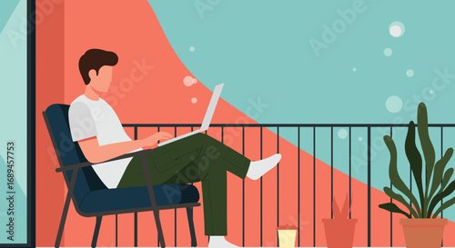 Man working remotely on his laptop from a comfortable home balcony, embodying modern work-life balance, flexibility, and a relaxed lifestyle.