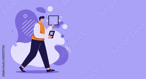 A man walks, holding a tablet and a diagram, representing data analysis, business strategy, or technological innovation. Ideal for modern digital concepts.