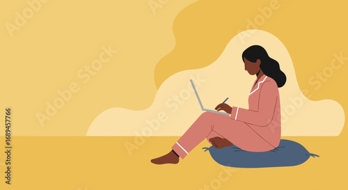 Woman in pajamas working comfortably on a laptop at home, embodying remote work, freelancing, and digital lifestyle. Ideal for business and personal productivity.