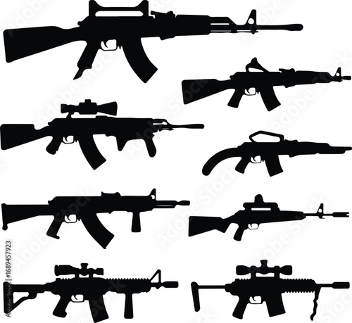 Assault Rifle Silhouette Icon Vector Design Military Weapon Gun Silhouette Symbol Set