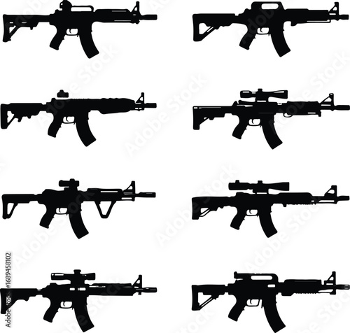 Assault Rifle Silhouette Icon Vector Design Military Weapon Gun Silhouette Symbol Set