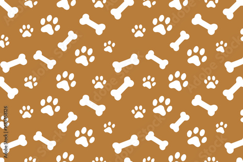 cute dog bone and paw print seamless repeat pattern in white on brown background for puppy pet shop graphic design