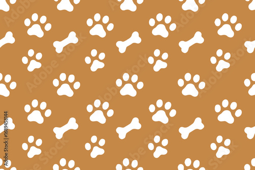 cute dog pattern with paw shapes and bone icons seamless repeat background vector in brown and white for packaging art