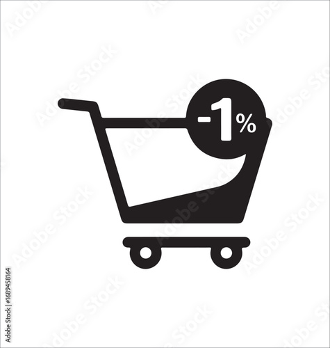 Shopping Cart Icon with Minus One Percent Sign Depicting a Small Loss or Discount Available to Shoppers Online or in Physical Stores