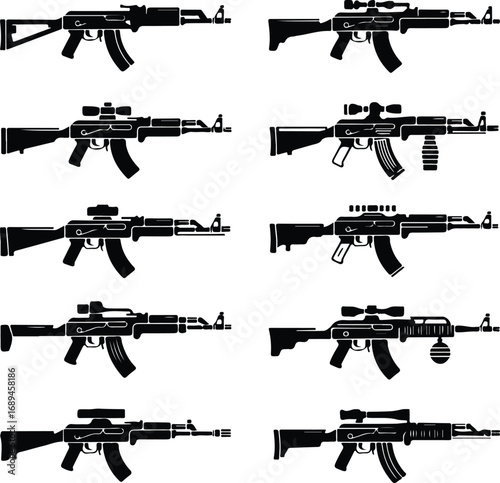 Assault Rifle Silhouette Icon Vector Design Military Weapon Gun Silhouette Symbol Set