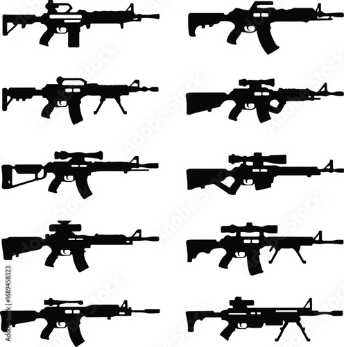 Assault Rifle Silhouette Icon Vector Design Military Weapon Gun Silhouette Symbol Set
