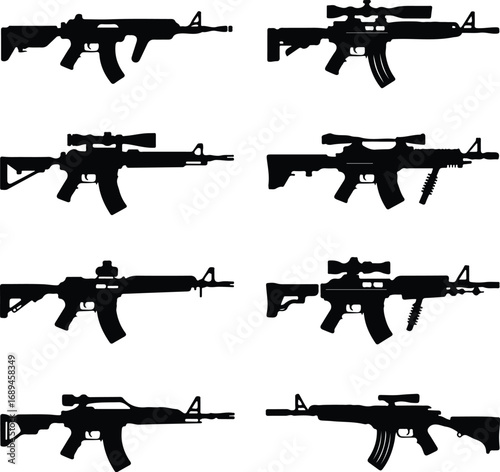 Assault Rifle Silhouette Icon Vector Design Military Weapon Gun Silhouette Symbol Set
