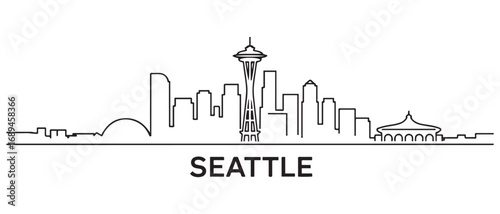 Seattle line Art City urban skyline. Modern minimalist cityscape graphic, perfect for travel, banners. with white background