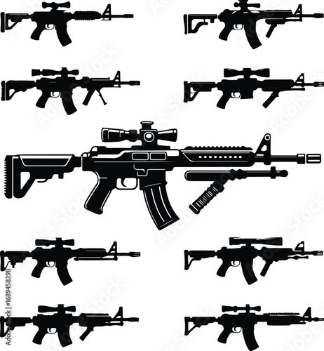 Assault Rifle Silhouette Icon Vector Design Military Weapon Gun Silhouette Symbol Set